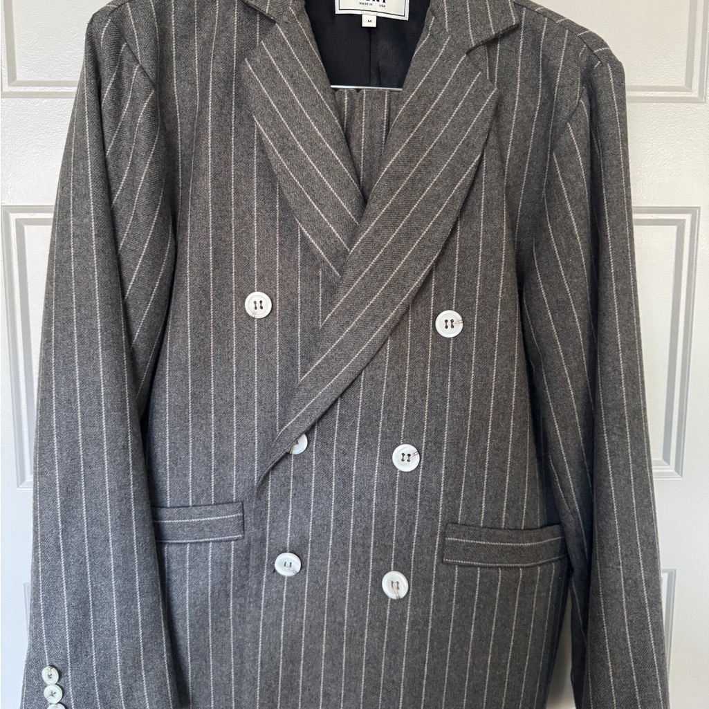Double-Breasted Gray Pinstripe Suit Jacket Tailored Formal Blazer